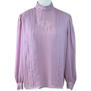 Astro One Vintage 1980s Embroidered High Neck Blouse Size 12 Lavender